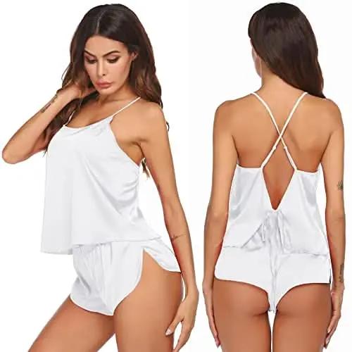 Silk Pajamas Set for Women Satin Backless Lingerie Pjs Cami Top and Shorts Nightwear - Love Salve